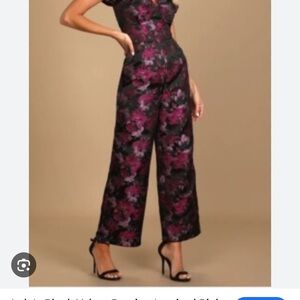 Lulu’s Black Velvet Bustier-Inspired Pink Jacquard Wide Leg S Jumpsuit Nwt